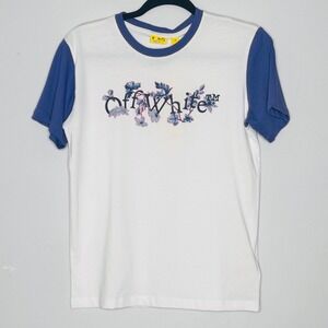 Off-White Kids Ringer Tee Floral Logo Unisex Size 12 White Blue Hype Streetwear